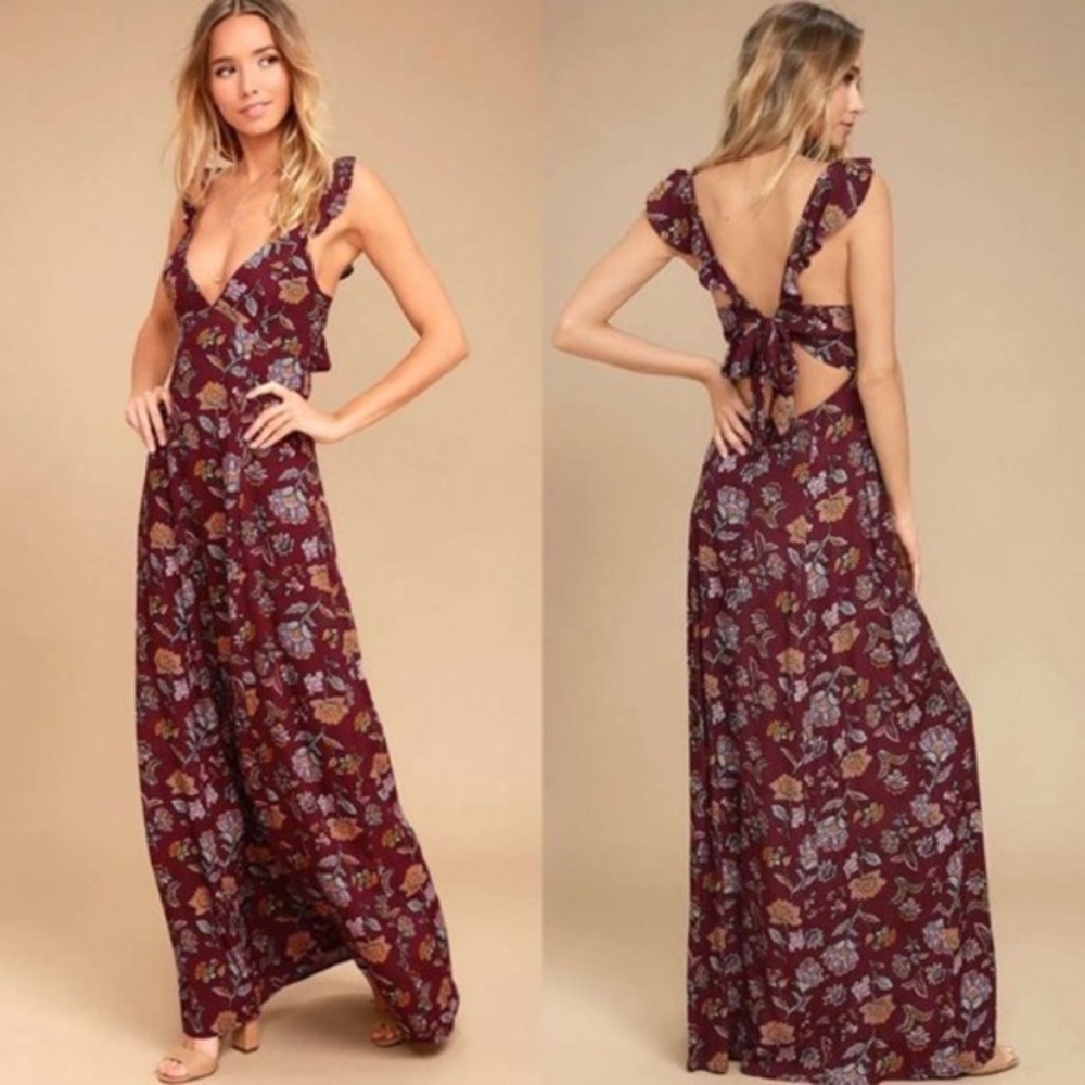 Lulu's Burgundy Floral Midi Dress